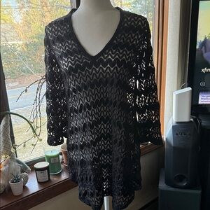 Black Crochet V-Neck Tunic Cover-up w/Flared Sleeves